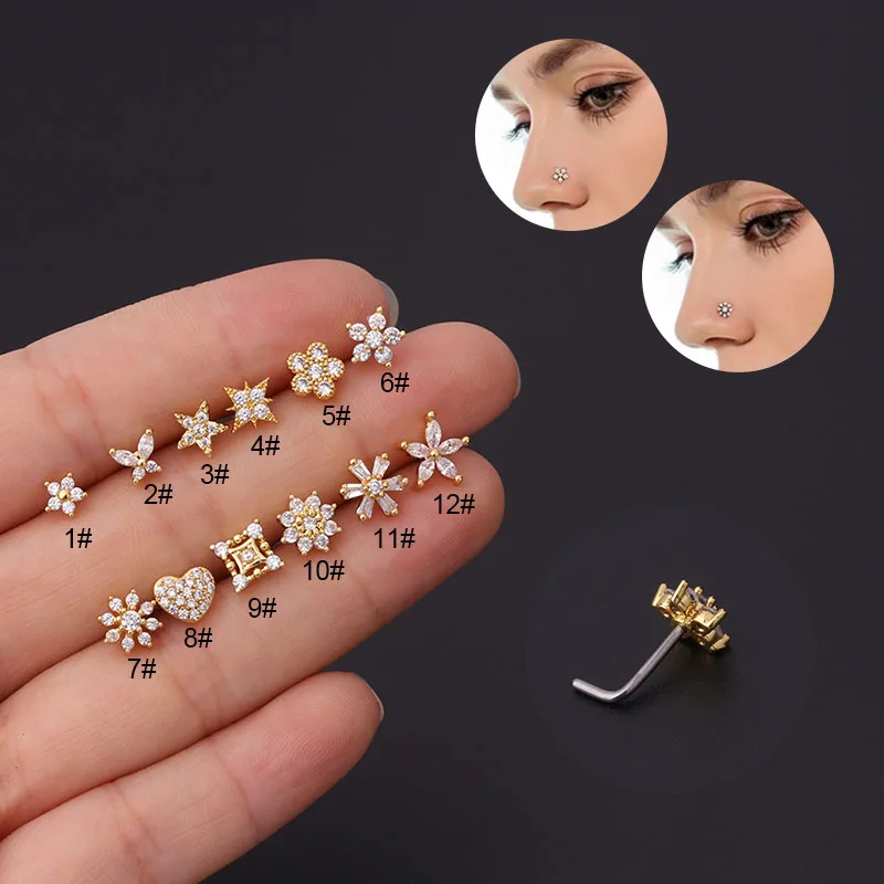 

New 316L Gold L-Shaped Surgical Stainless Steel Bar with Copper CZ Nose Rings Jewelry for Women Nose Piercing