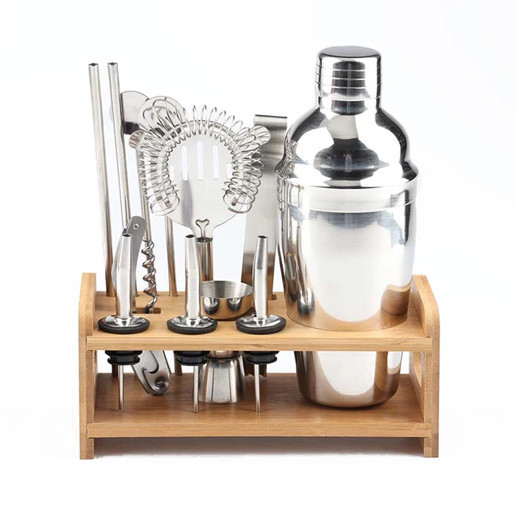 Custom Logo Wholesale Premium Bar Tools 12Pcs Boston Bartender Shaker Kit Stainless Steel Cocktail Set With Wooden Stand