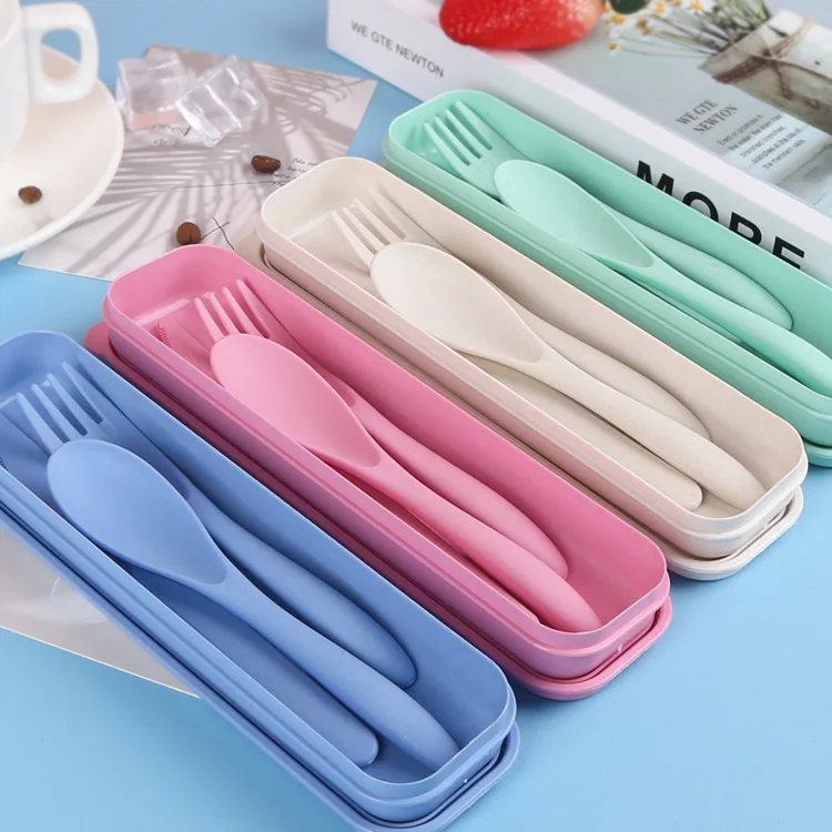 

Travel Biodegradable Spoon Fork Knife Portable Wheat Straw Reusable Cutlery Set, Pink/green/blue/beige