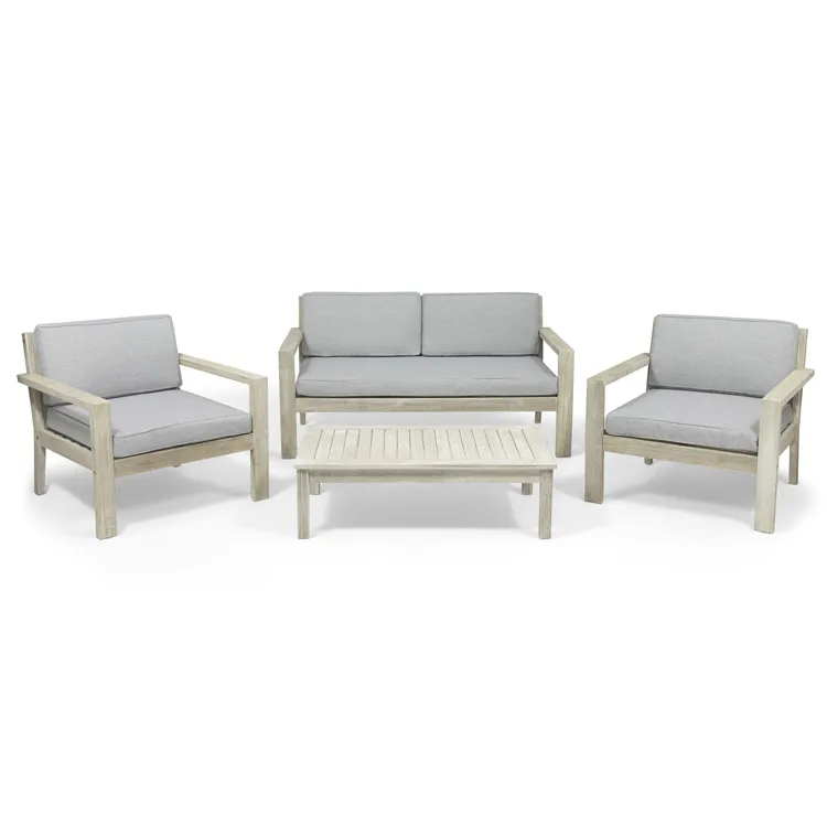 

Free Shipping Within US Garden Outdoor 4 Seater Acacia Wood Chat Set with Cushions, Brushed light gray wash