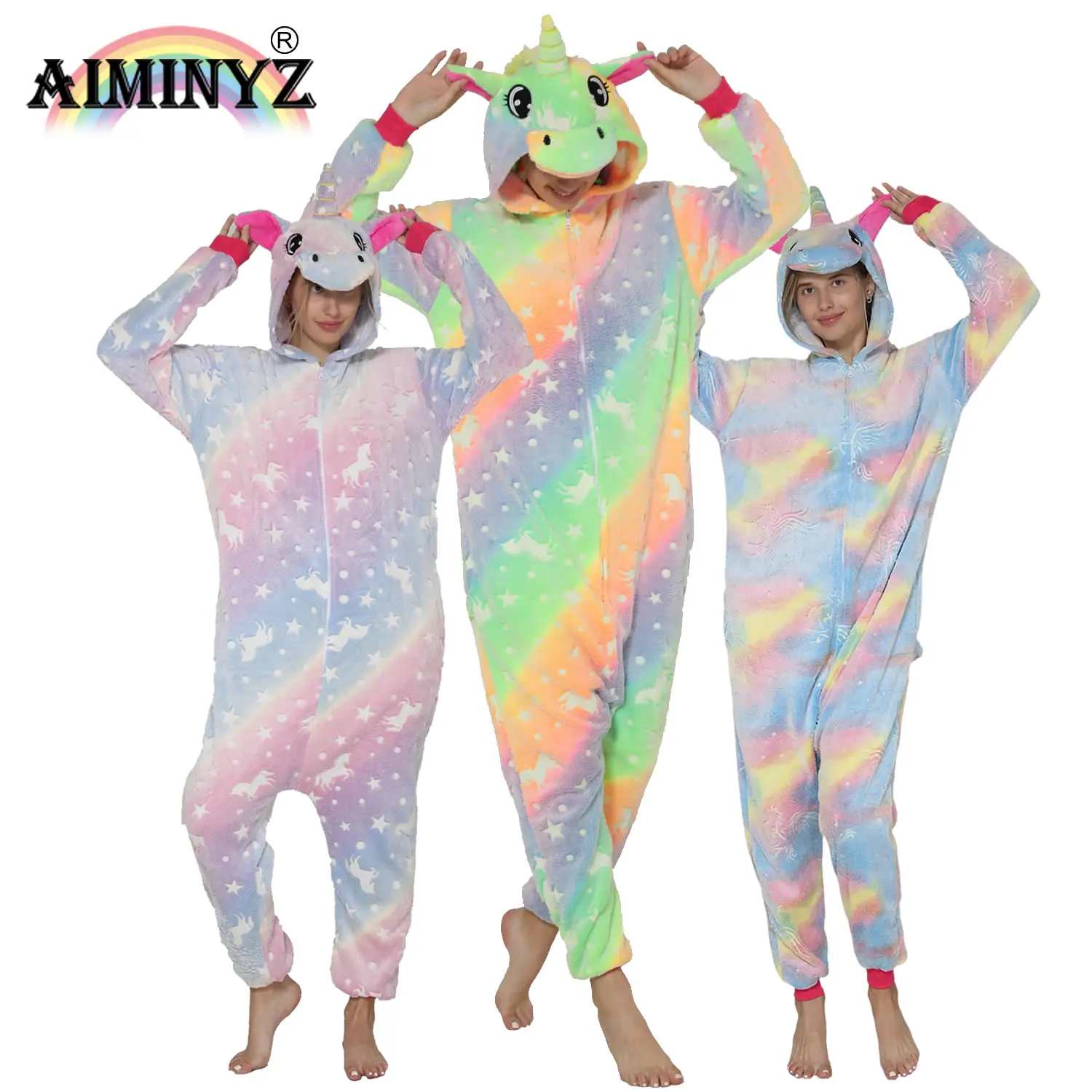 

AIMINYZ Wholesale Winter Animal Carton Flannel Cute Hoodie Luminous Pajama Pijama Unicorn for Women Child Adult Unisex Sleepwear