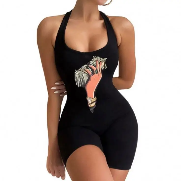 

Ckfashion Best Seller Dollar Pattern Print Sleeveless Casual Short Jumpsuit Women Fashion One Piece Jumpsuits And Rompers