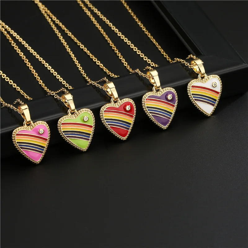 

Ins Best Selling 18k Gold Plated Colorful Enamel Heart Necklace Rainbow Color Oil Drip Heart Pendant Necklace
