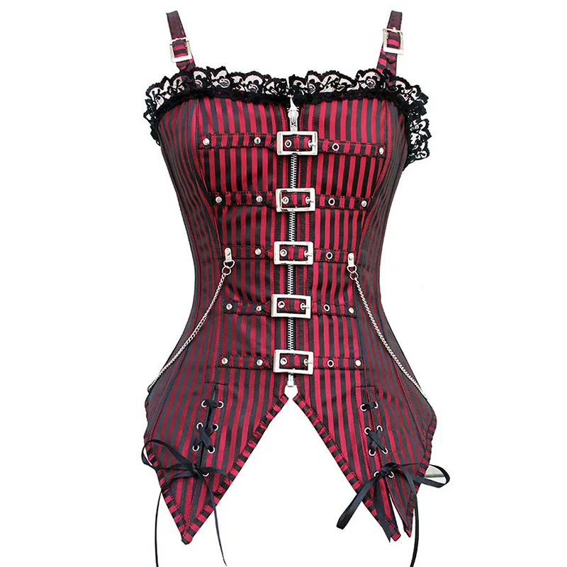 

Women Cool Garment Steampunk Corset Lace up Bustier Top stripe Gothic Corset Lace Underbust Corset with Metal Buckle, Black, burgundy , can be customerized