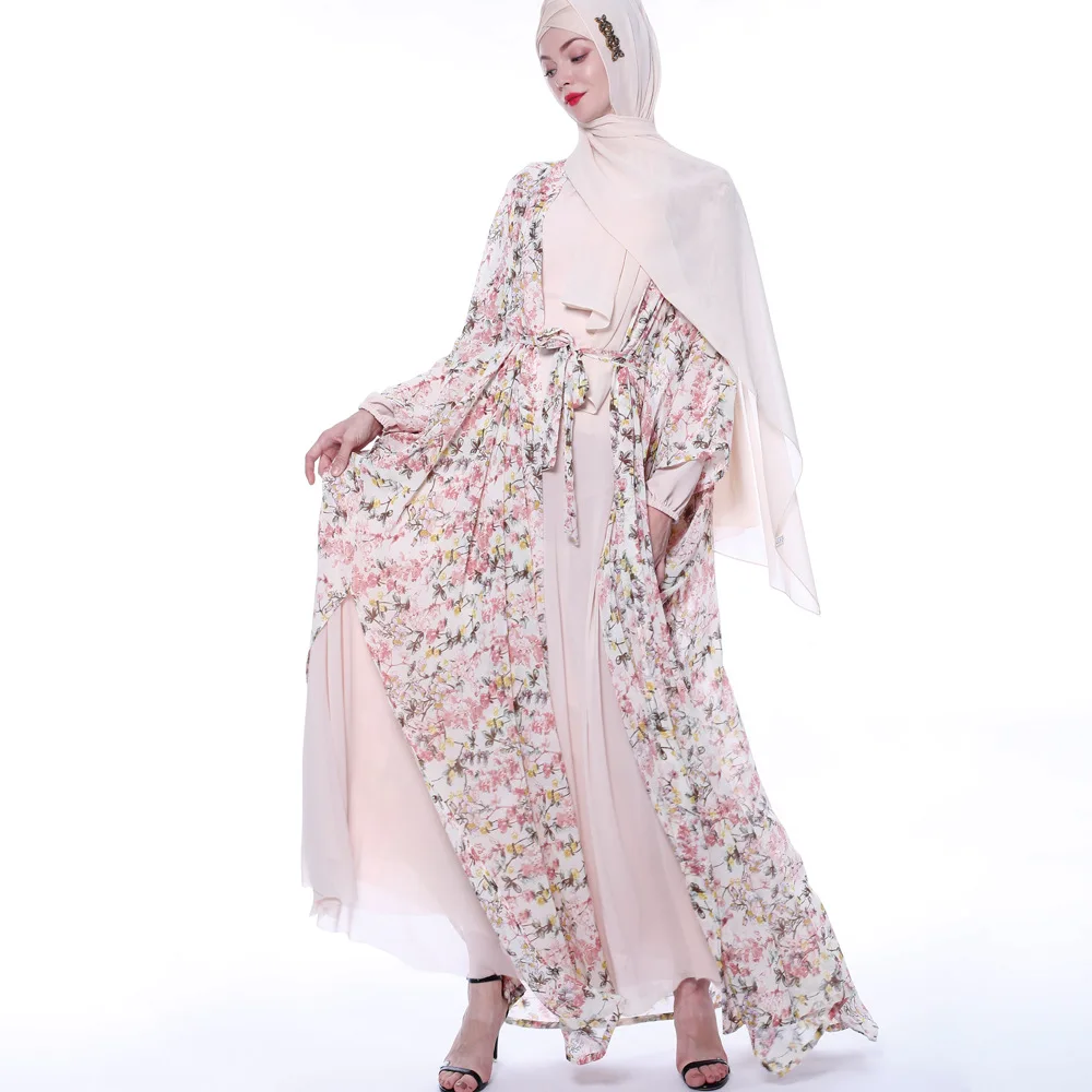 

High quality dubai islamic clothing printed chiffon open kimono muslim dress women abaya, Picture color
