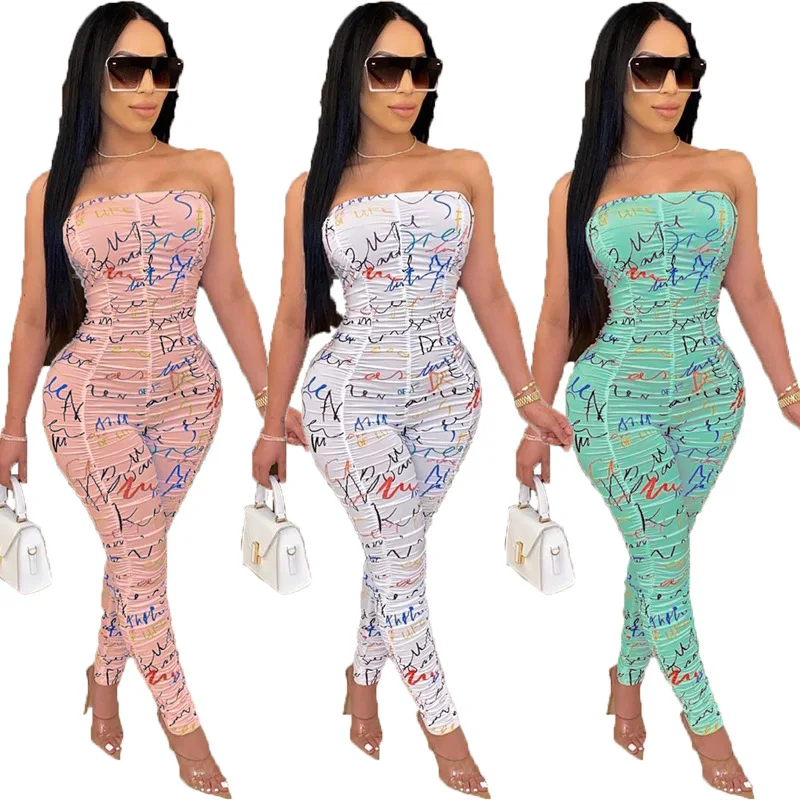 

8021 New Businessman formal style office high quality printing stacked pants adult strapless jumpsuit women long jumpsuit