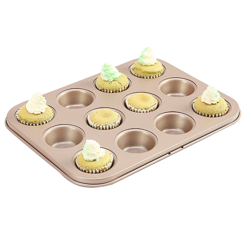 

CHEFMADE 0.8mm Carbon Steel 12-Cavity Non-Stick Cupcake Pan Bakeware For Oven Baking 12 Cup Mini Muffin Pan, Champagne gold