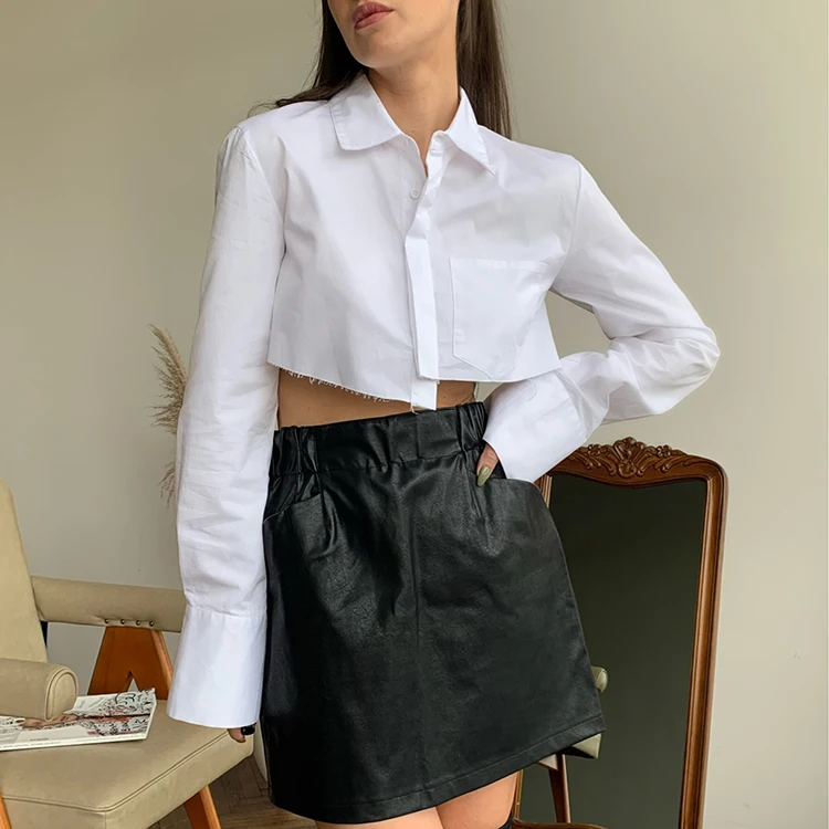 

Popular Irregular Hem Designs  Blouse Crop Top Turn Down Collar Long Sleeve Shirts Blouses For Women