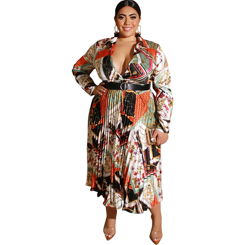 

2022 High Quality Autumn/Winter Printed Pleated Satin Deep V Sexy Belted Plus Size Dress