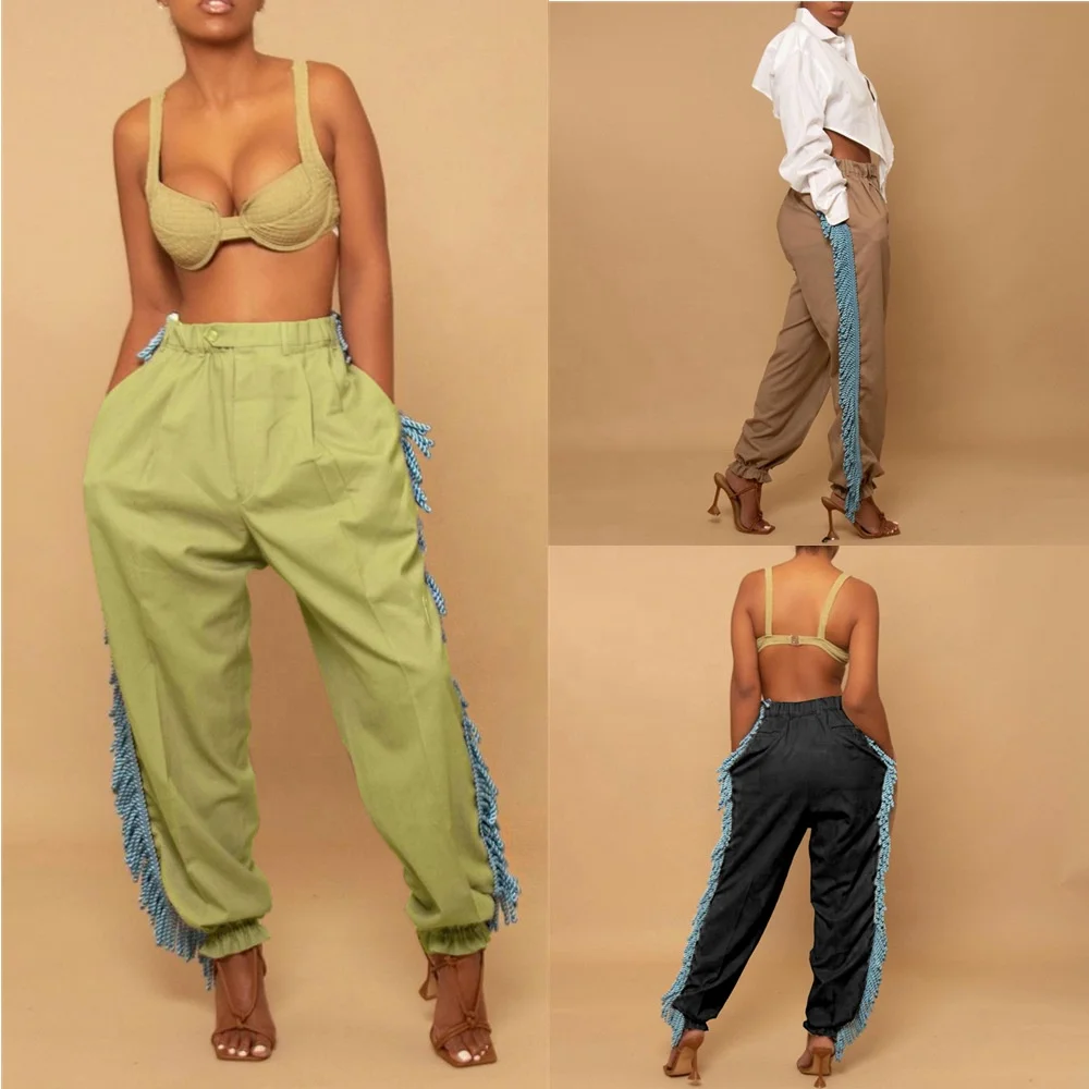 

OUDINA New Fashion Sports Loose Fringe Joggers High Waist Causal Women Cargo Pants, Green/black/khaki