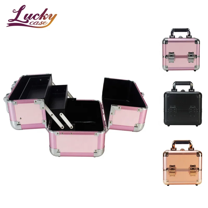 

Portable Aluminum Cosmetic Case 2 PU Lining Trays Pink Makeup Case 9.8 Inch Makeup Artist Travel Case, Black/rose gold/pink