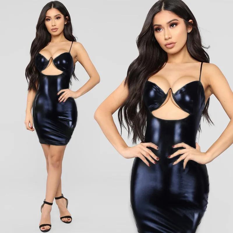 

2021 Strap Sexy Dresses Women evening plus size Party Club Hot night Dress Leather Bodycon Mini Dress, Black