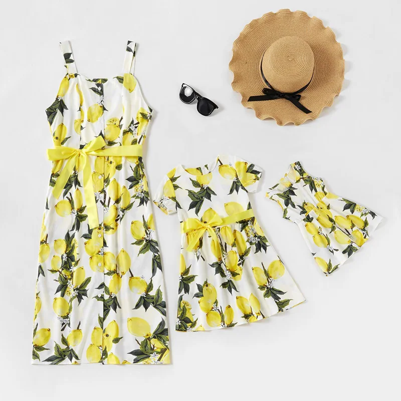 

Family look girl and mother dress 2 kids mom lemon printed summer dress set mom and me dress matching, As pictures