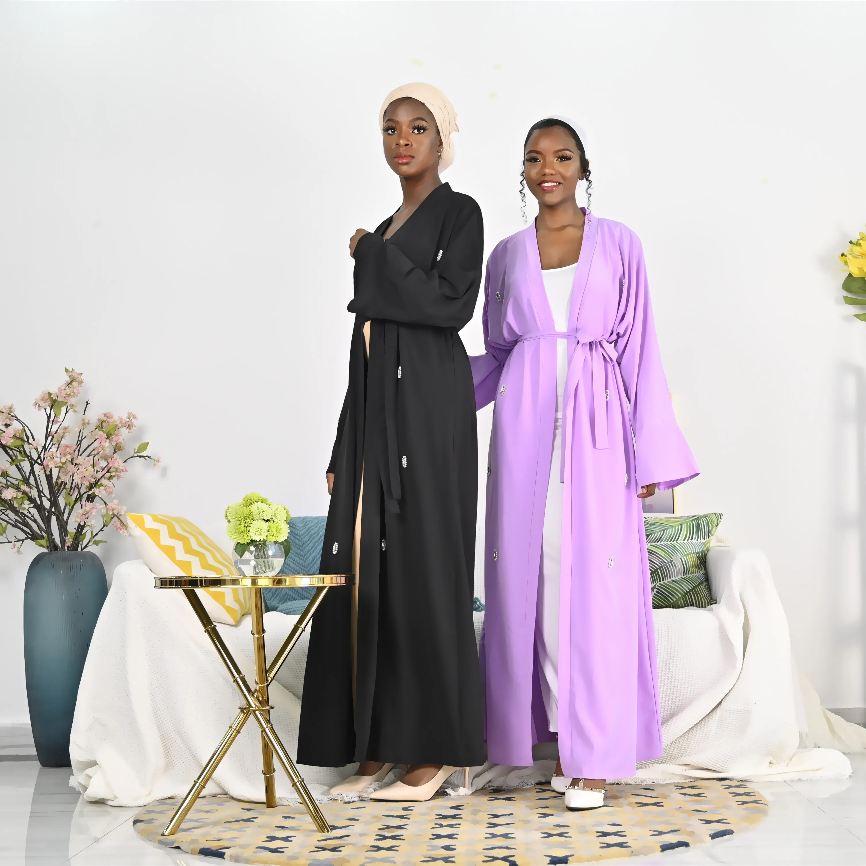 

Elegant Muslim Abaya dress women beading open Abayas Kimono Dubai Islamic Clothing
