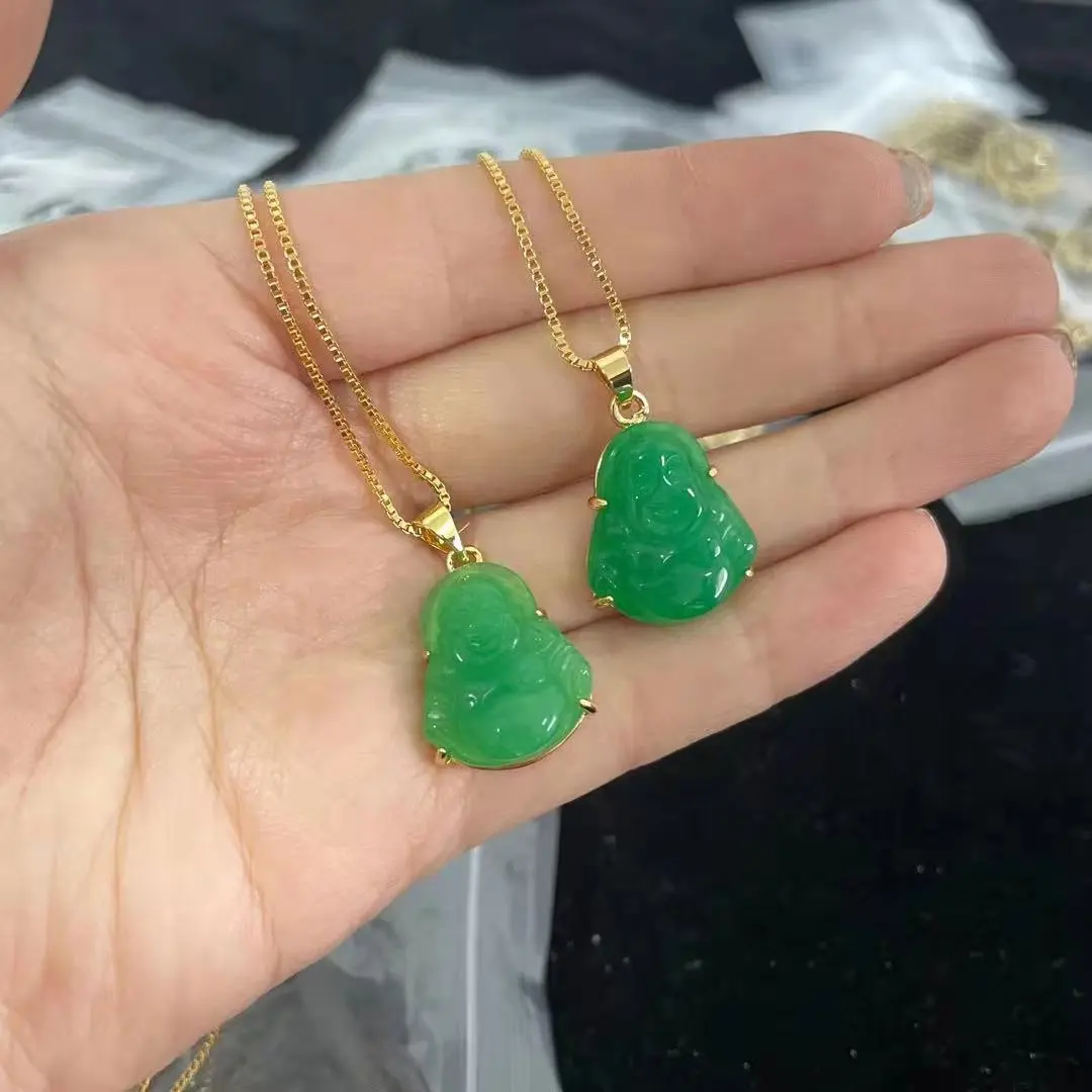 

Wholesale Cheap Price Women Charm natural jade iced out green pink small jade buddha pendant Maitreya necklace