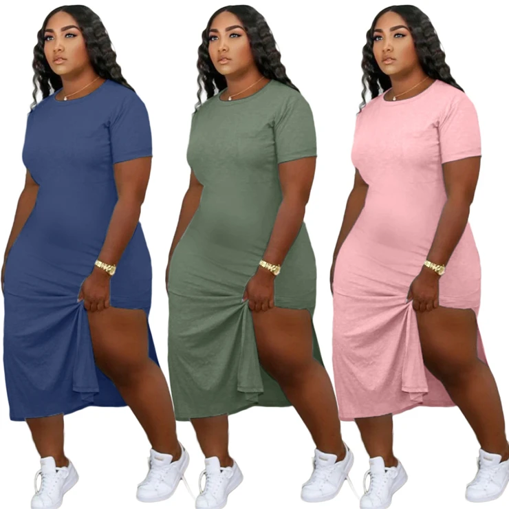 

200825 Plain Round Color Short Sleeve Slim Slit Dress For Ladies Plus Size 2XL Maxi Dresses Women Summer Clothing 2020