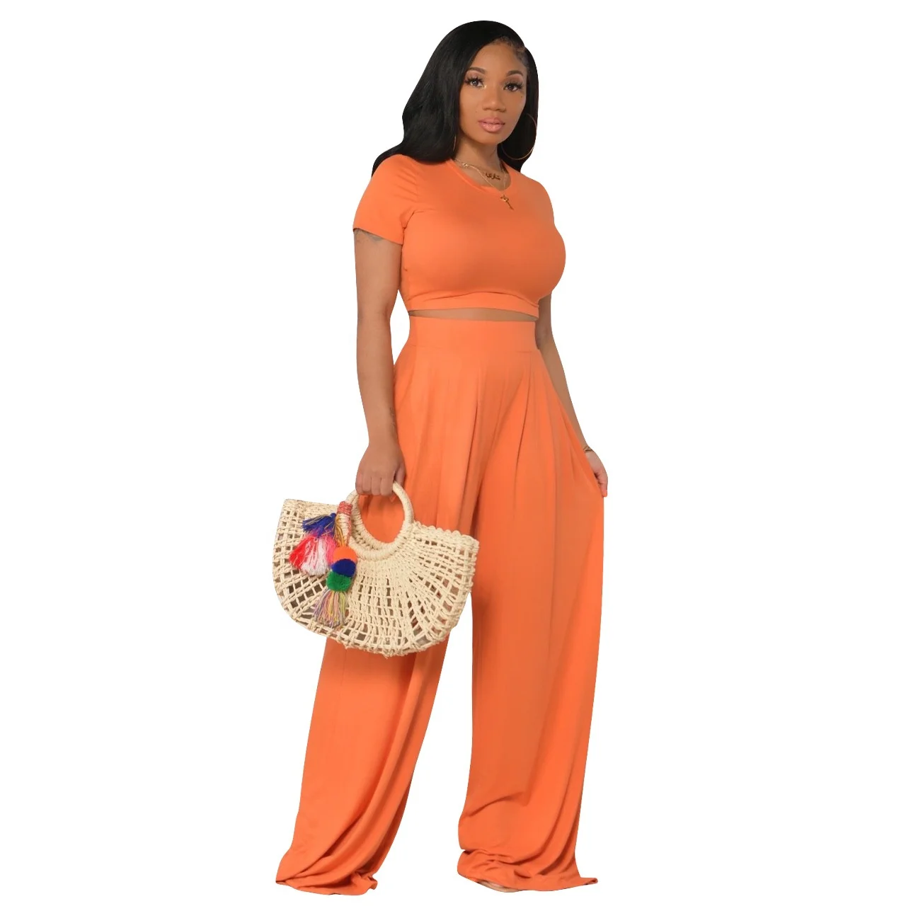 

MT82-8381 2021 Spring summer autumn solid color comfortable short-sleeve loose women two piece set plus size women clothing