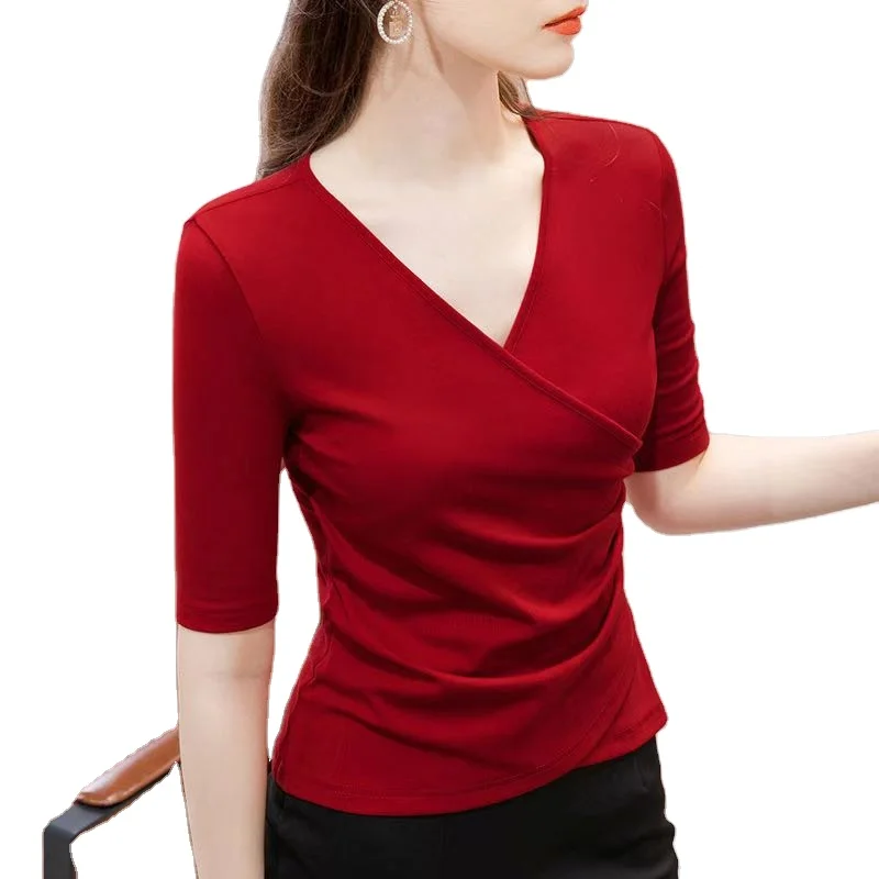 

2022 spring and summer new women's cotton t-shirt with five-point sleeve bottoming shirt design sense waist top