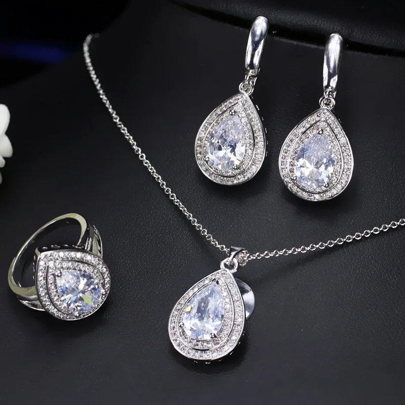 

Fashion luxury women bridal wedding diamond zircon earring necklace ring jewelry sets silver jewellery display set, Silver color