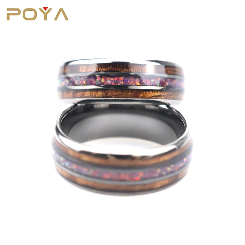 

8mm Domed Silver Tungsten Ring With Double Koa Wood Sided Colorful Fire Opal Inlay