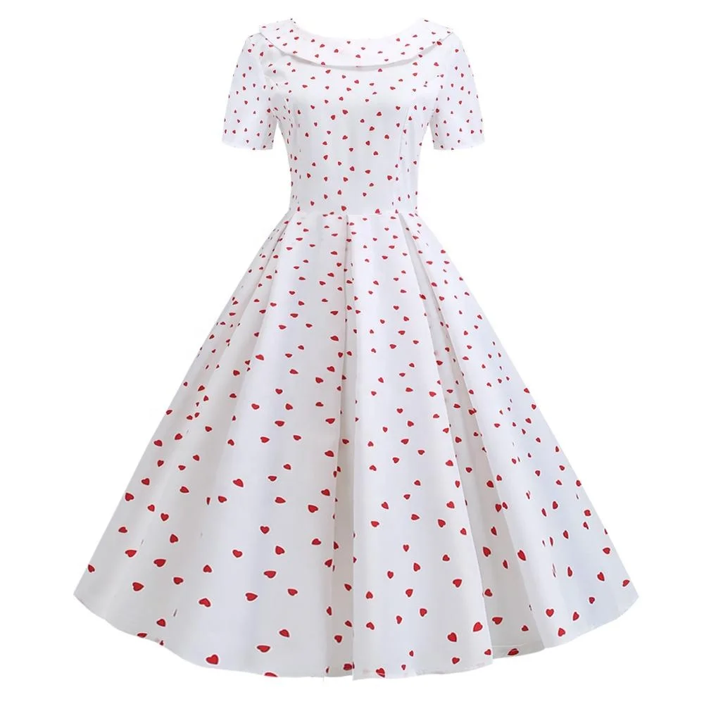

SP-8017 New cute retro love print round neck dress with bow decoration, Navy
