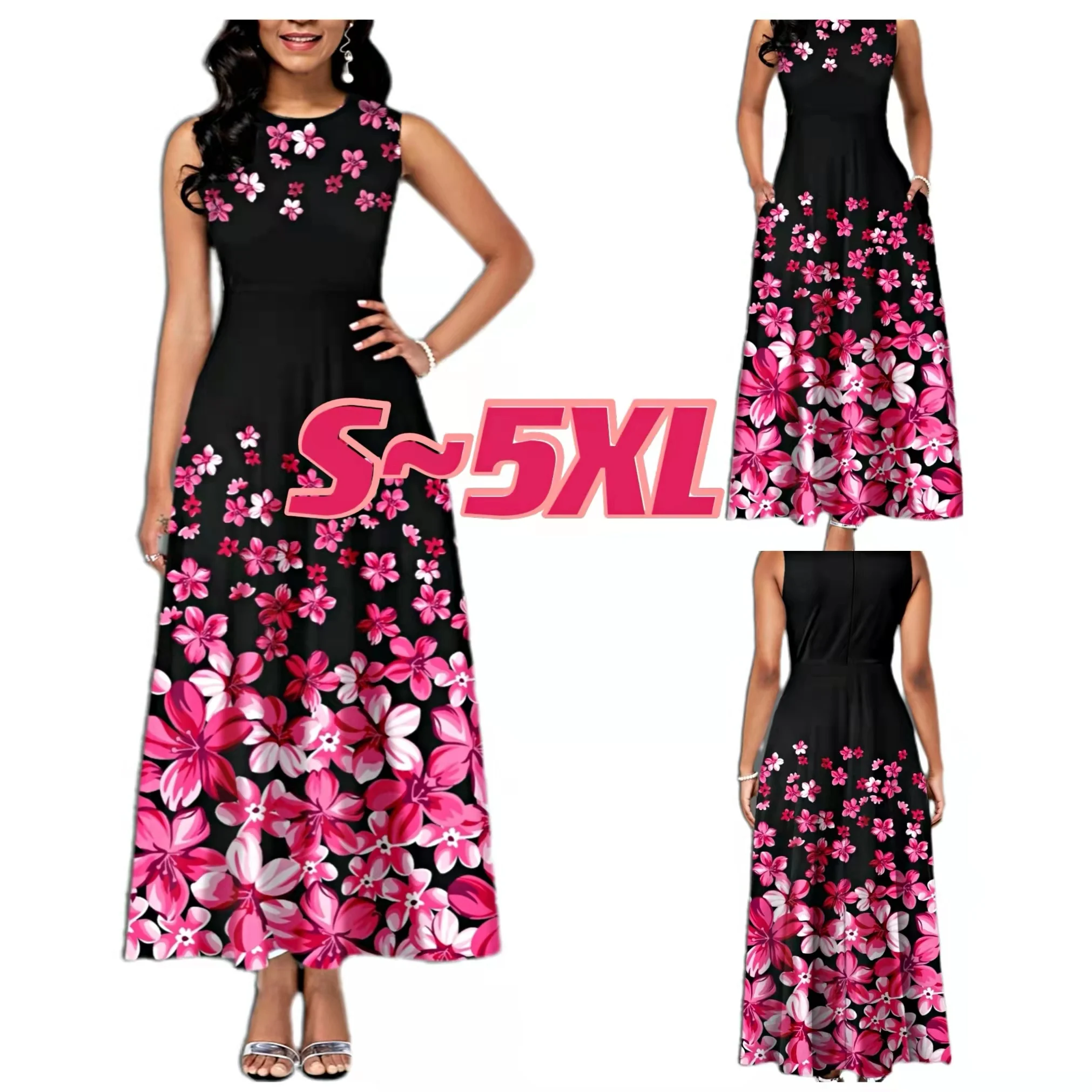 

New Style S To 5 XL Multi Plus Size Floral Print Pocket Design Sleeveless Casual Dress Women's Maxi Dress