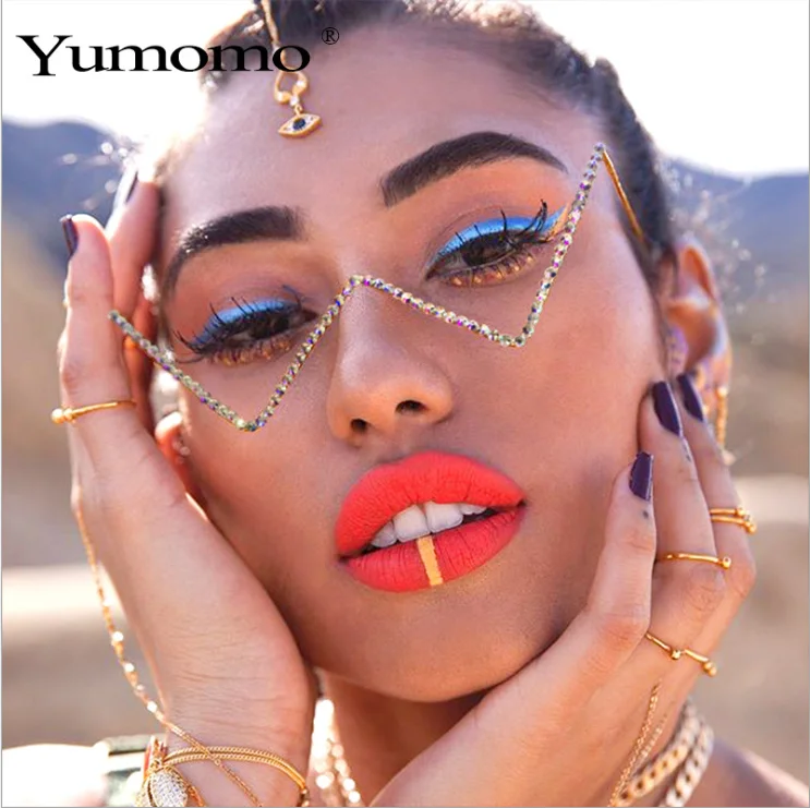 

design Fashion eyeglasses Alloy Frame Women Water Drop Lensless Chain Pendant Half Frame Luxury rhinestone bling sunglasses