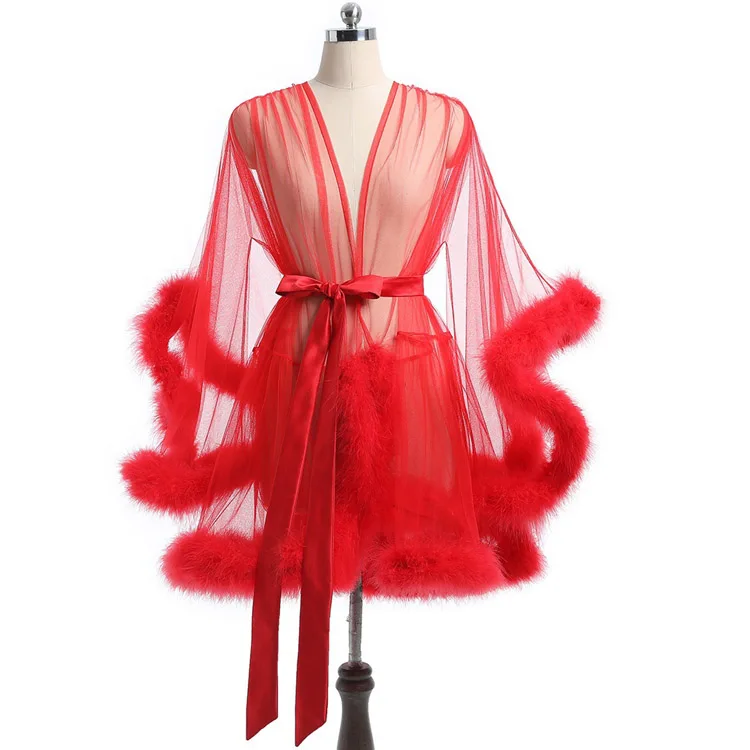 

2022 Plus Size See Through Sexy Robe set Sexy Mesh Fur Robes