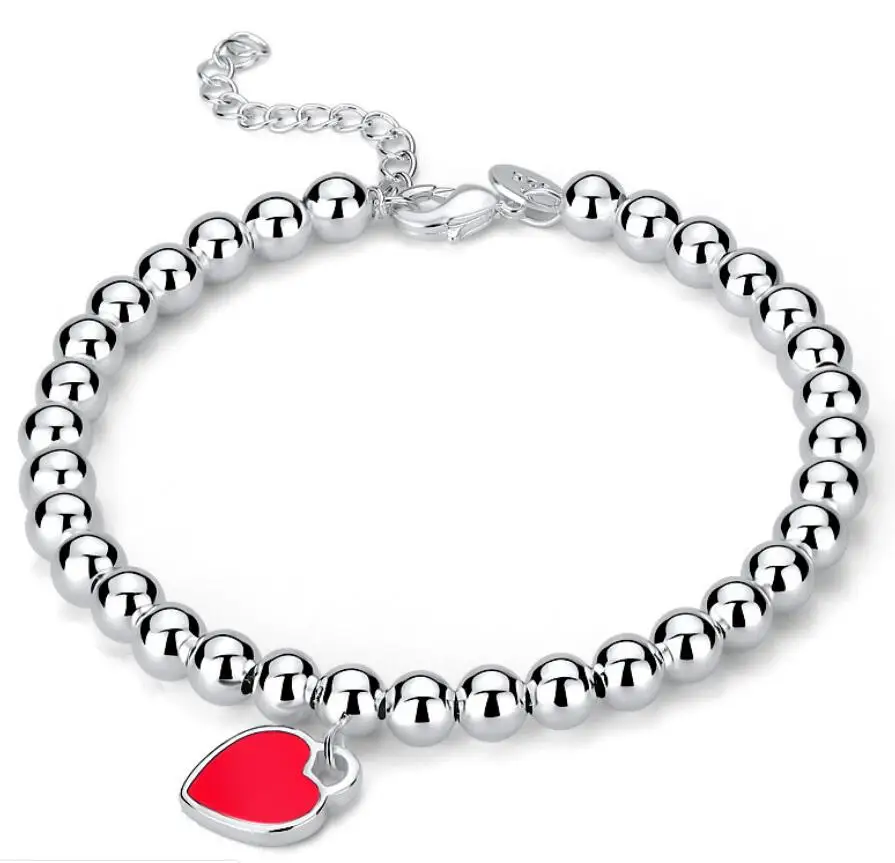 

Adjustable silver round beaded enamel peach heart love charm chain bracelet jewelry, Pink/blue/red