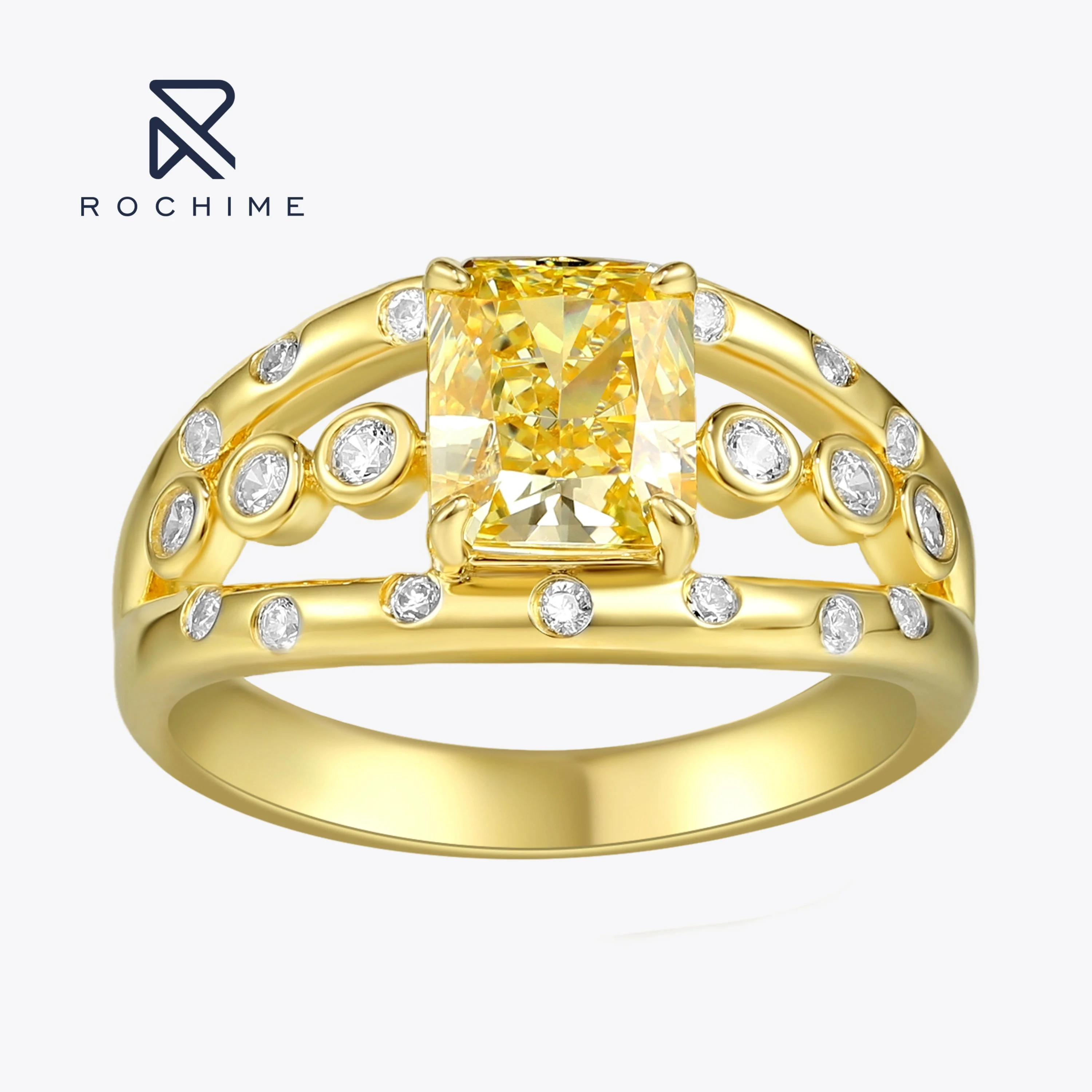 Rochime Star Shine Yellow Diamond Ring 925 Sterling Silver Gold Plated Cubic Zirconia Rings for Women