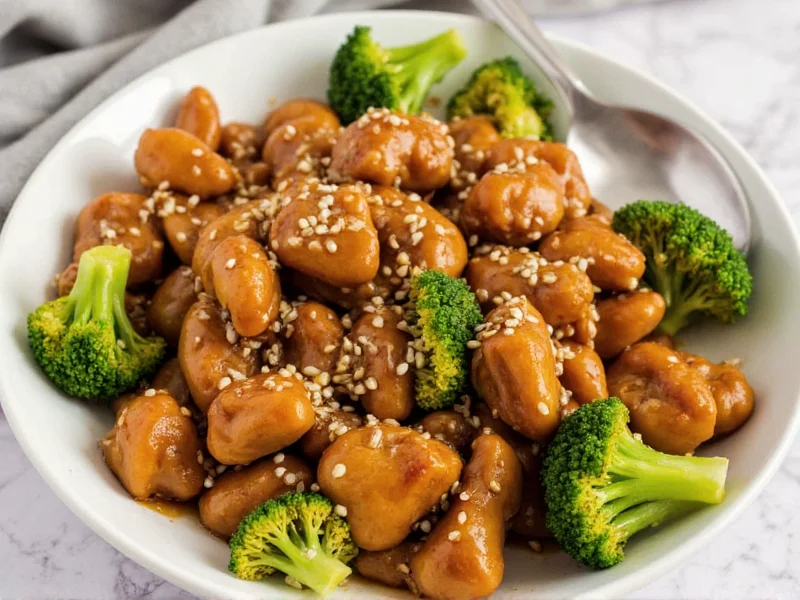 Homemade General Tso chicken with broccoli and sesame seeds