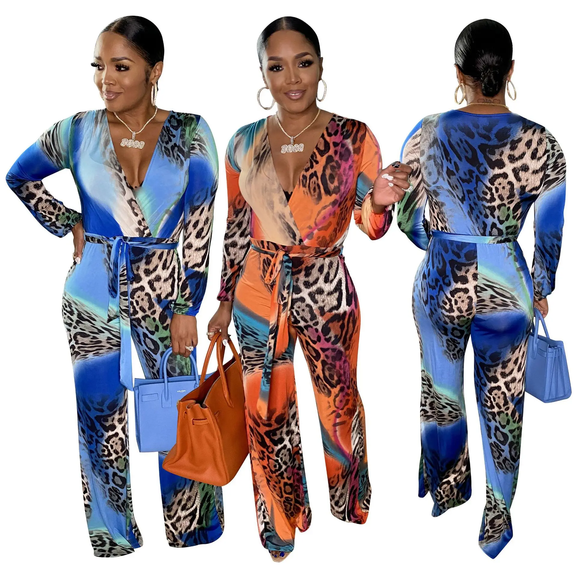 

10808-MX41 straight casual print leopard long sleeve fall womens jumpsuits elegant sehe fashion