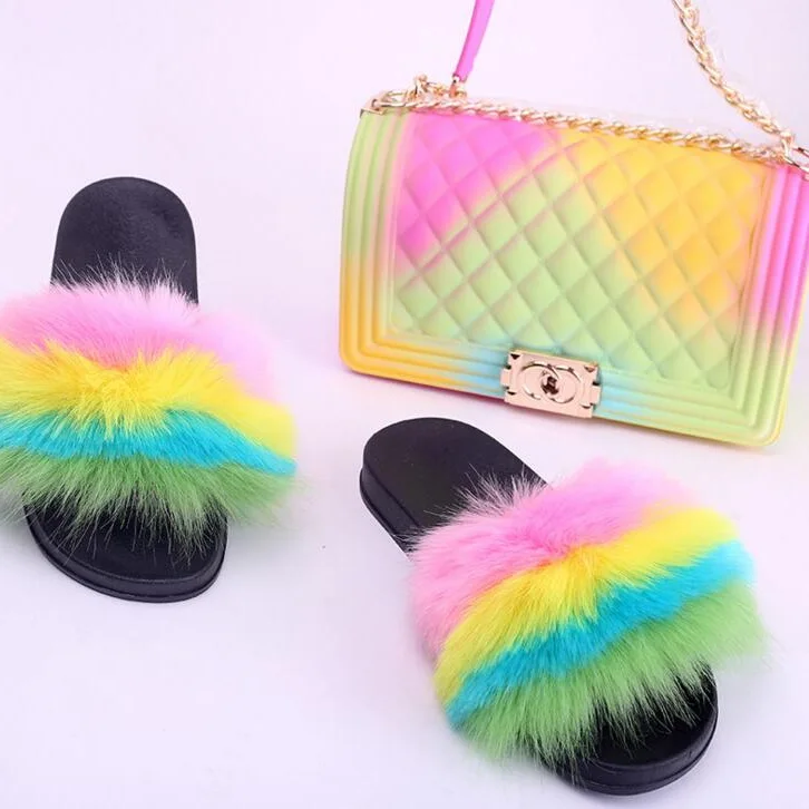 

Wholesale slippers and fox fur slides with matching jelly purse handbag set for women, 32 colors