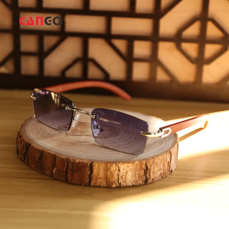 

Retro Luxury real wooden frame fashion shades sunglasses rimless rectangle shape lady luxury women sunglasses