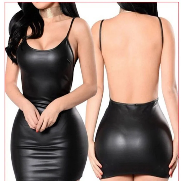 

Sexy PU leather bag hip open back dress tight skirt nightclub dress black tight leather dress