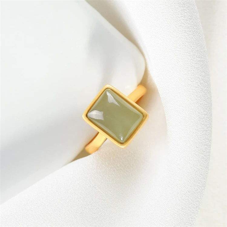 

Aimgal S925 sterling silver gold-plated Hetian jade geometric simple fashion Open ring for women AP2