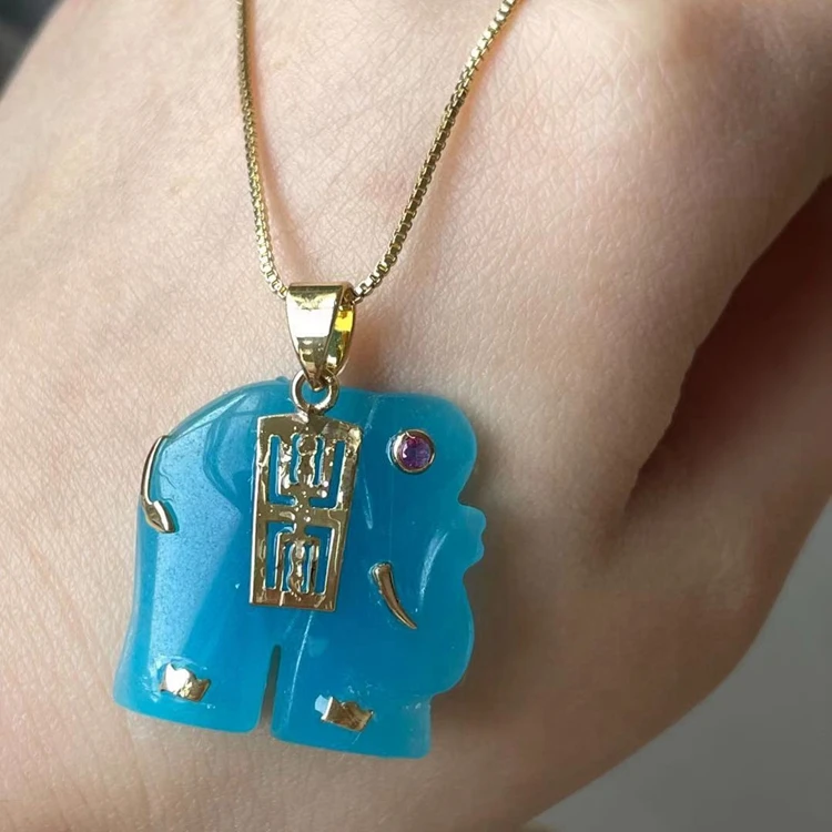 

INS 2021 fashion jade elephant necklace colorful jade pendant natural stone green women lucky charm necklace, Red/green/black/yellow..