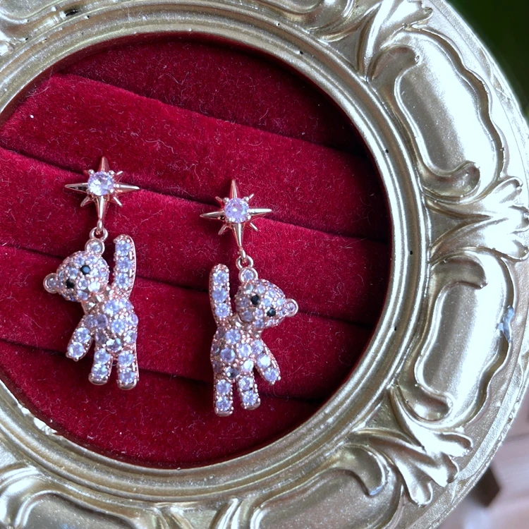

jialin jewelry 2021 ins wholesale rose gold plated pink gemstone micro cz full diamond cute stud teddy bear earrings