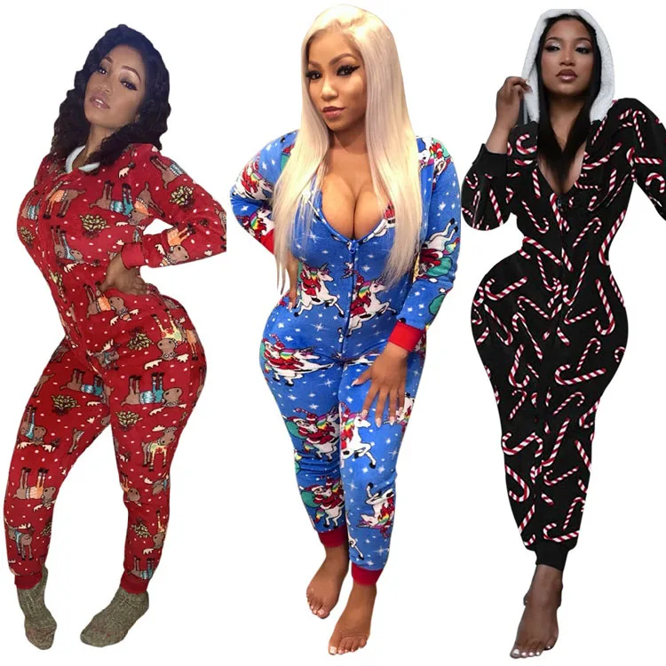 

Long Sleeves Jumpsuit Pajama Onsie Adult Womens hooded Butt Christmas Onesie With Flap, Mixed colors