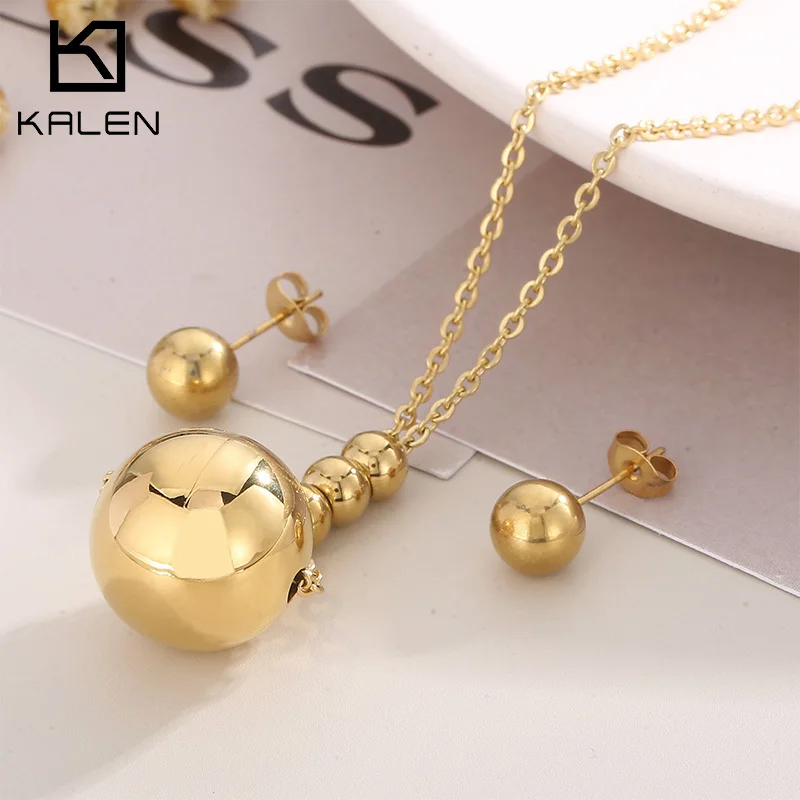 

Kalen 18K Gold Plated Bead Earrings Necklace Stainless Steel Smooth Round Ball Jewelry Set