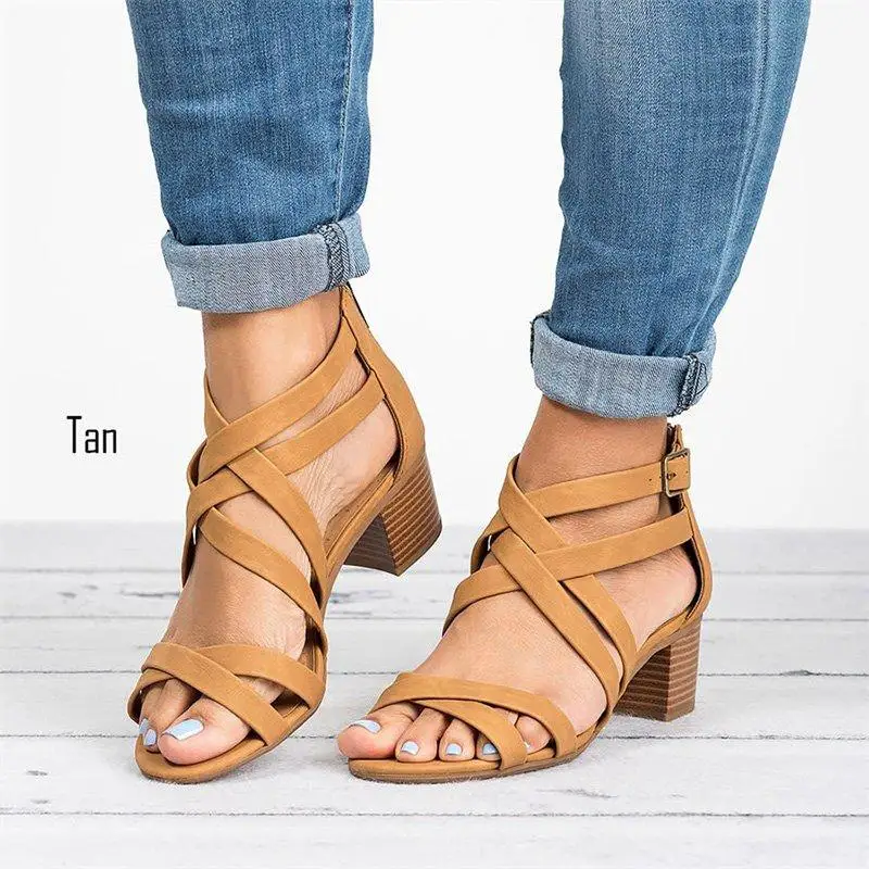 

SP073 woman cross strap leather sandals with medium heel, Picture shows