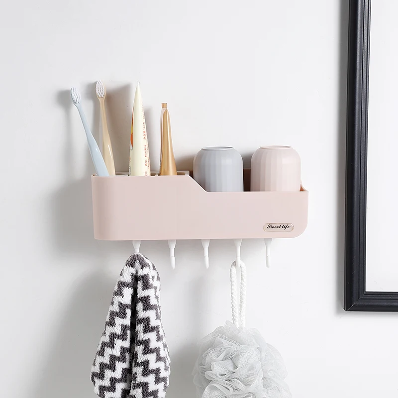 

Modern Simple Style Home Toothbrush Holder Rack Plastic Bathroom Storage Rack With Hook, 4 colors