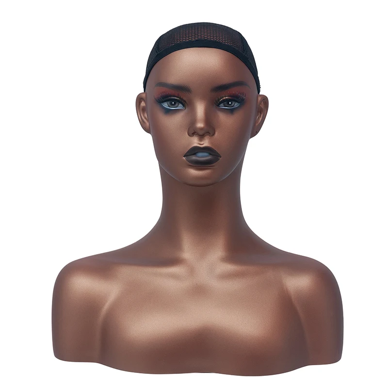 

Wholesale Realistic Female Wig Display with Shoulder Hair Makeup smiling fiberglass Human Male African American Mannequin Head, Any color