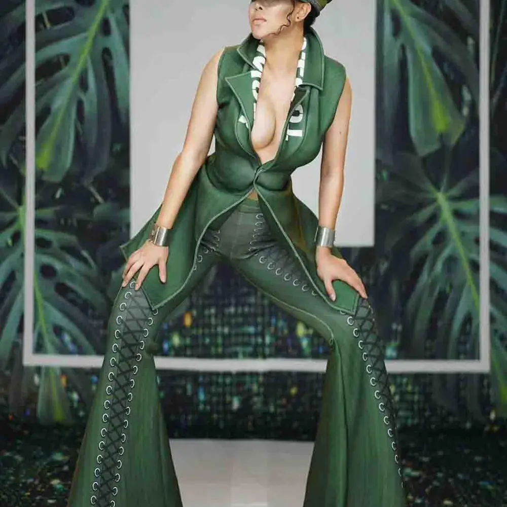 

A3197 Green Flare Pant Slim Coat Host Coustme Women Two Piece Set