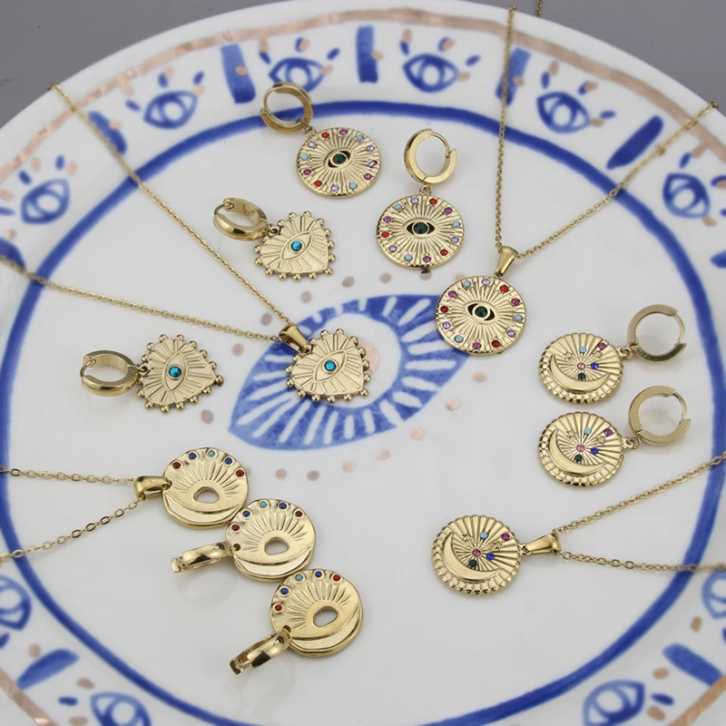 

18K Real Gold Plated Stainless Steel Roman Style Jewelry Inlaid Gemstone Pendant Necklace For Women, Gold color