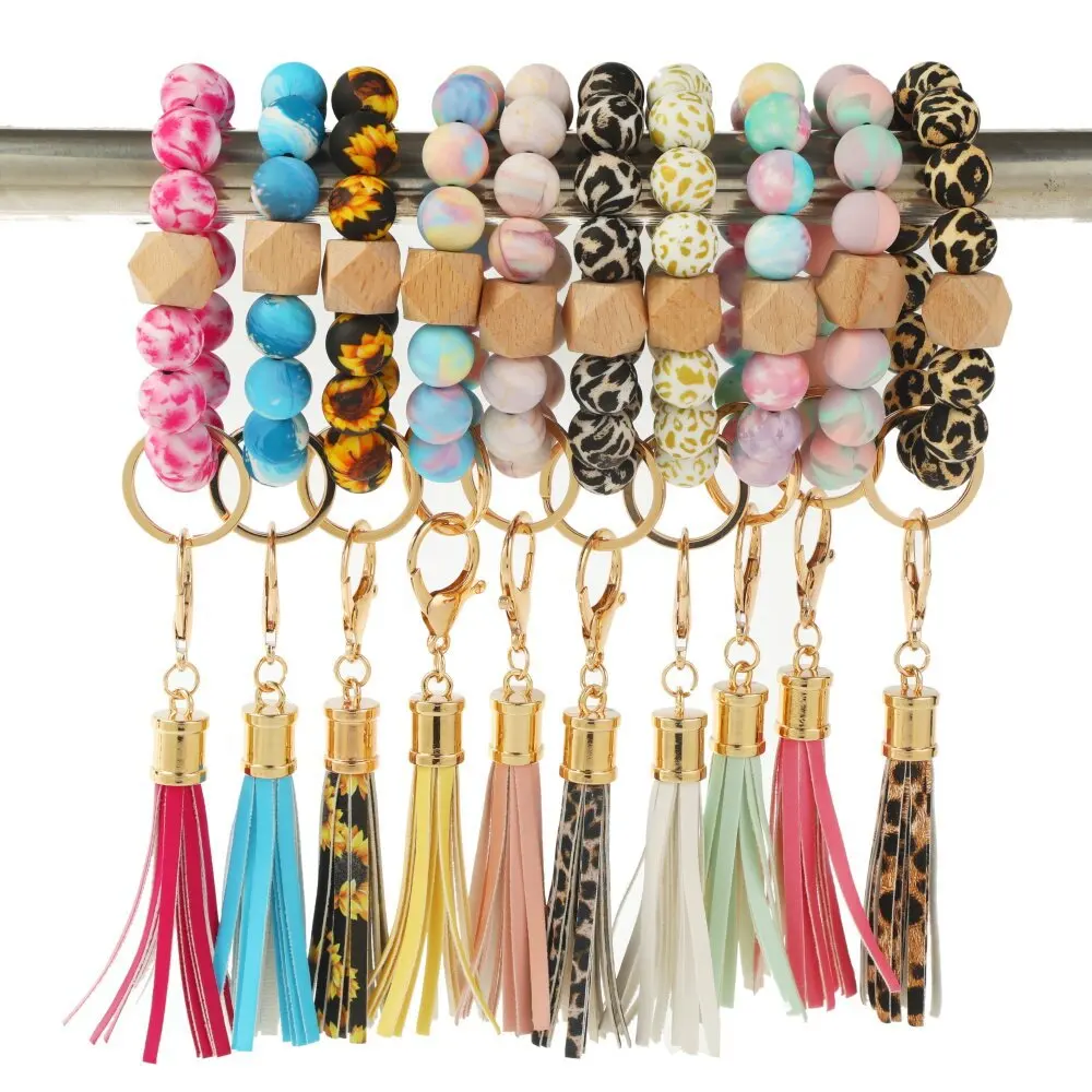 

2022 Sunflower Printed Leopard Print Silicone Bead Bracelet Keychain Printed Wooden Bead Bracelet Keychain