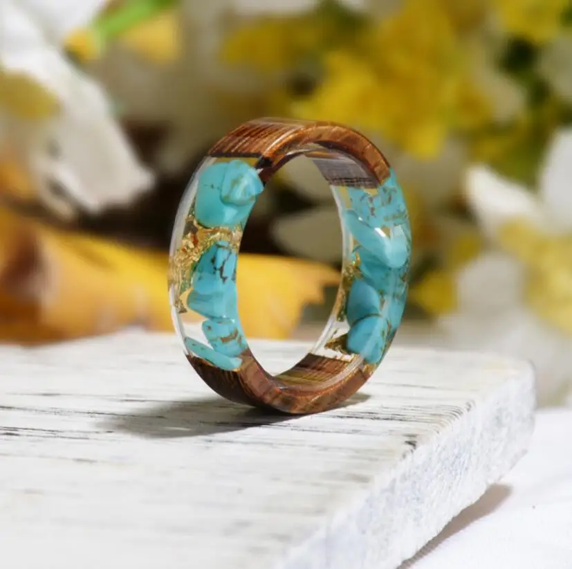

Resin Ring Epoxy Ring Hot Sale Handmade Wood Dried Flowers Plants Inside Jewelry for Women Vintage Buddhism Multi Geometric