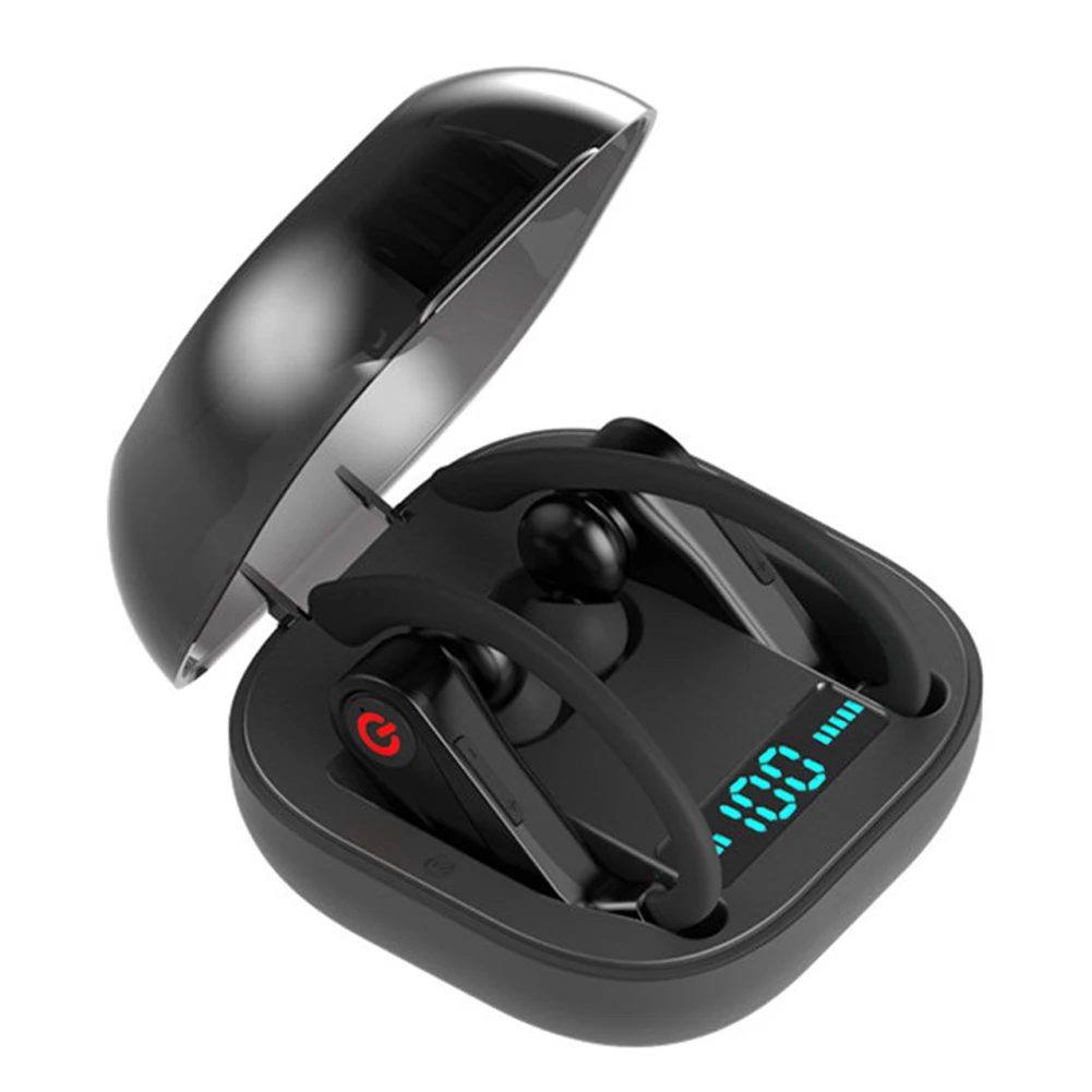 

2020 New Arrivals Waterproof LED Power Display Stereo Sport Headphones 950mah Case Wireless Earburds TWS Ear Hook Earphones, Black