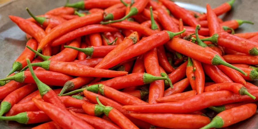 Bowl of fresh red bird's eye chilies and other ingredients
