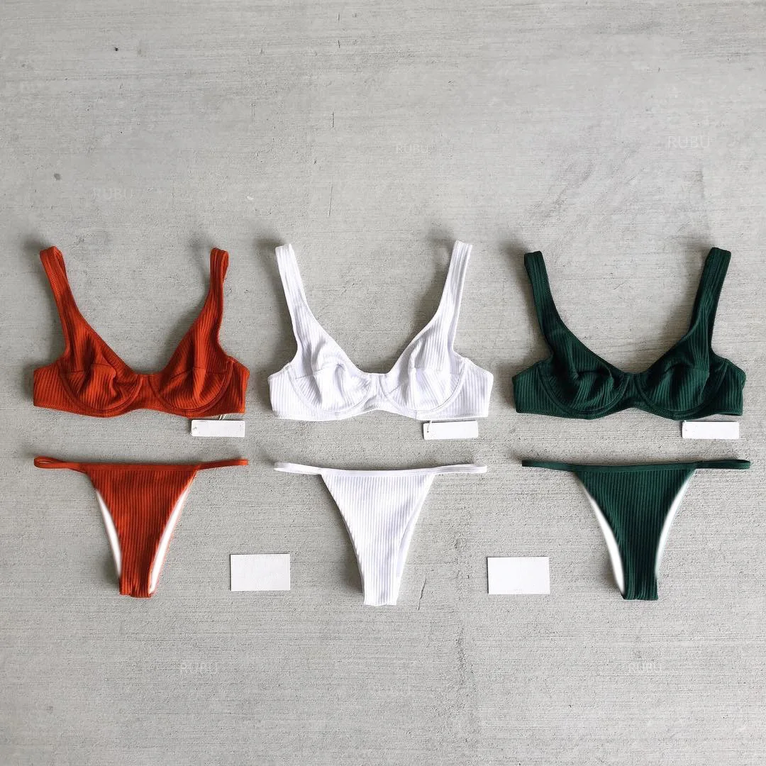 Guangzhou Swim Wear Manufacturer Solid Color Thong Bikini Ribbed Swimwear Beachwear